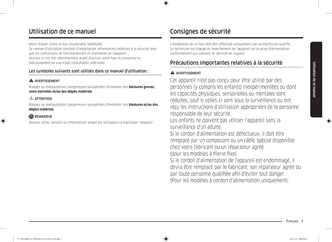 Samsung NV70K1340BS/EG, NV70K1340BB/EF, NV70K1340BS/EF manual Utilisation de ce manuel, Consignes de sécurité, Français  